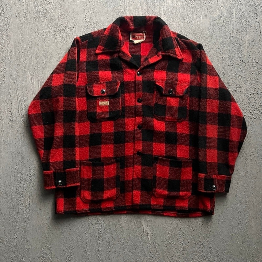Vintage Regent Wool Jacket XL Red 1960s Buffalo Plaid Heavy Flannel